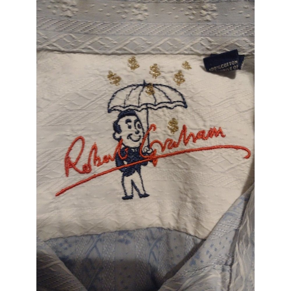 Men's ROBERT GRAHAM Blue Striped Geometric Long Sleeve Button Shirt XL Cotton - Picture 7 of 13
